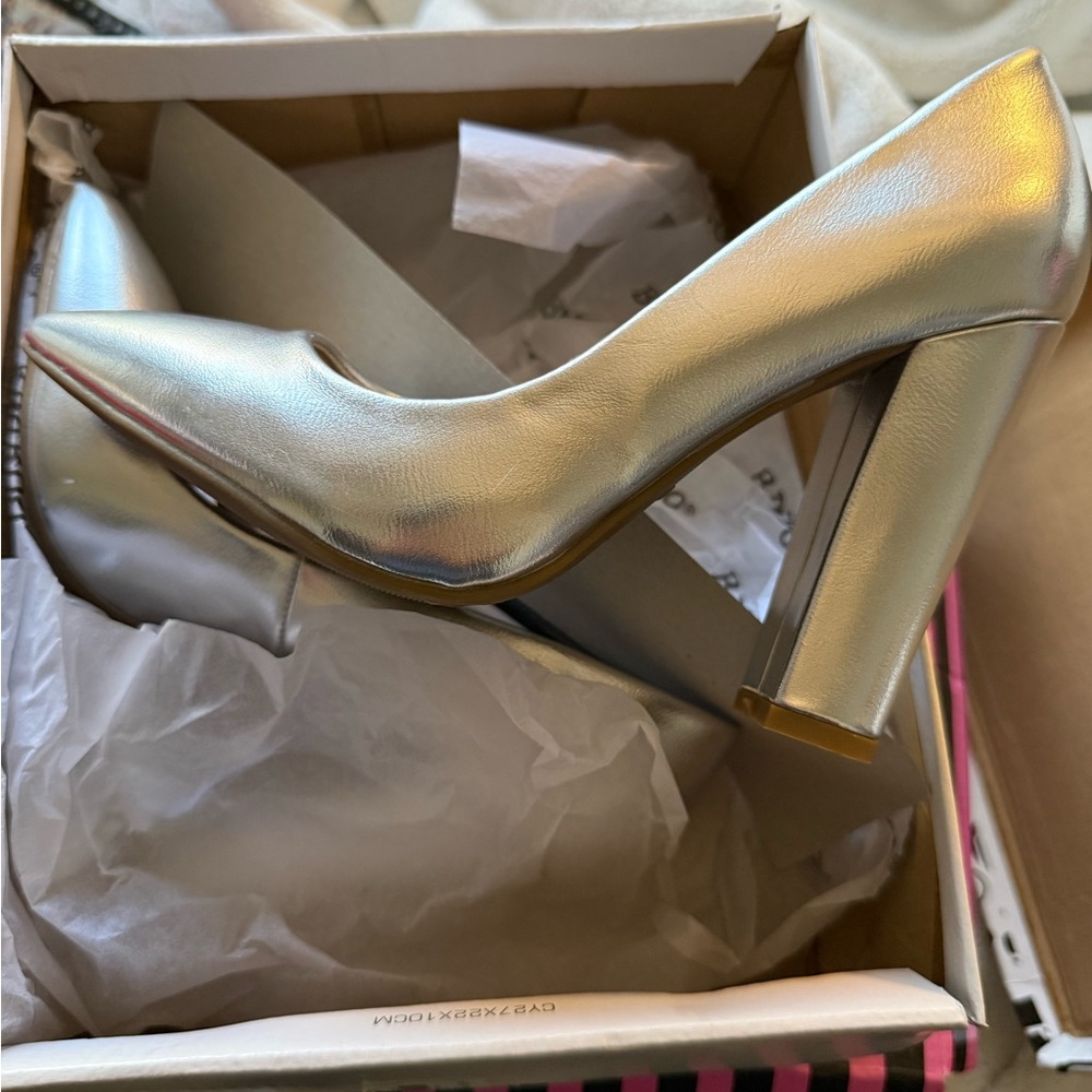 BAMBOO Shiny Silver Block Heels